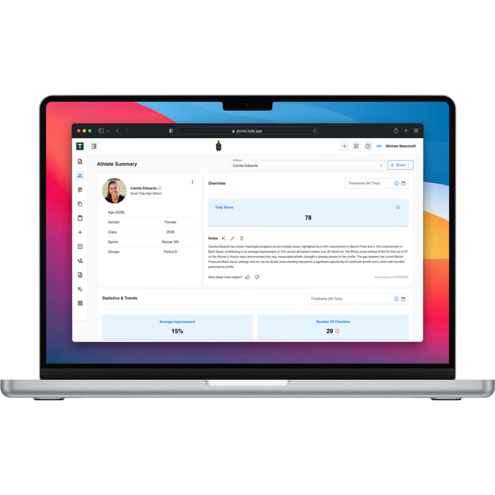 Tully athlete summary experience on a MacBook